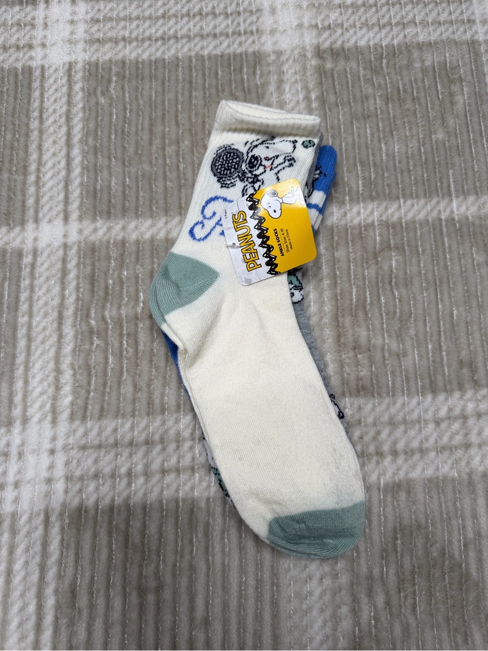 Peanuts Crew Socks in White with Light Green and Blue Accents